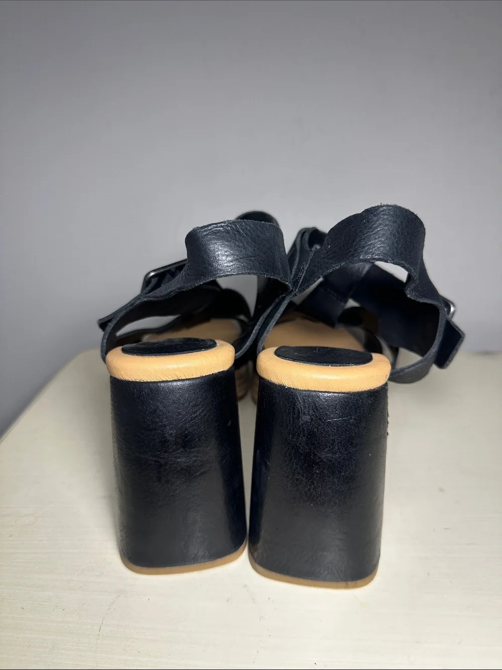 Kork Ease Macey ankle strap Black Leather Woven Strap platform Heel Sandals